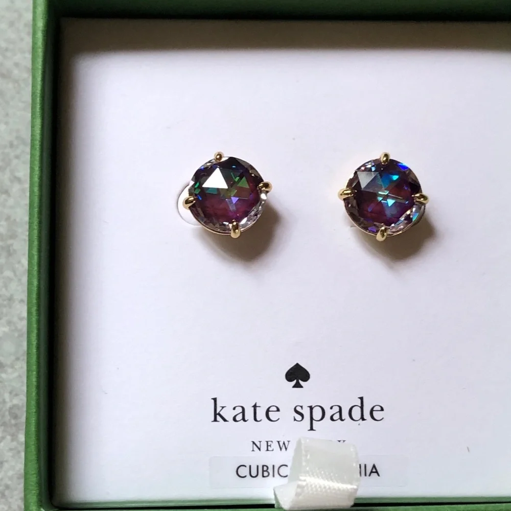 kate spade Bright Ideas Gold Tone & Iridescent Berry Round CZ Stud Earrings NIB